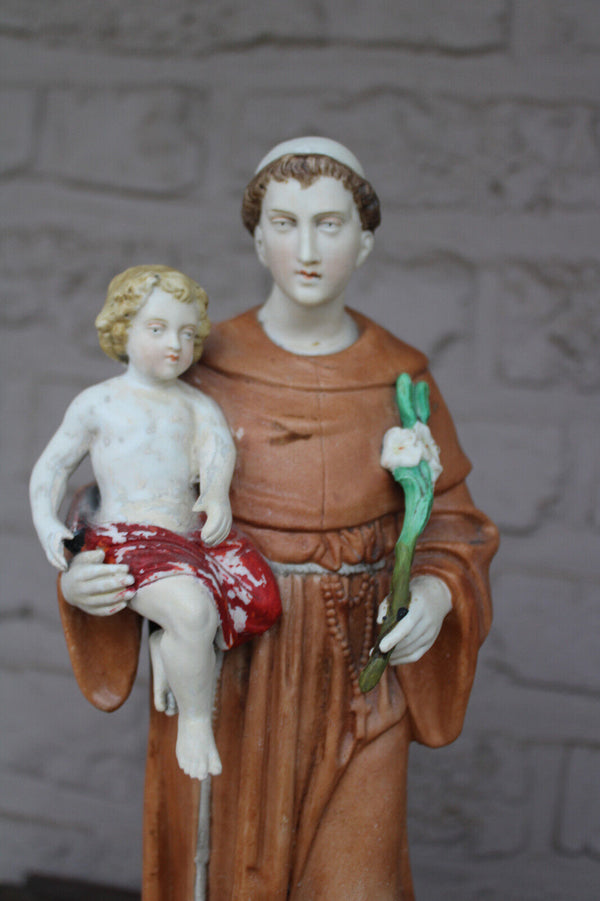 Antique french porclain bisque large statue saint anthony religious