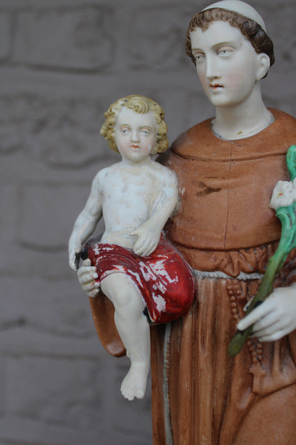 Antique french porclain bisque large statue saint anthony religious