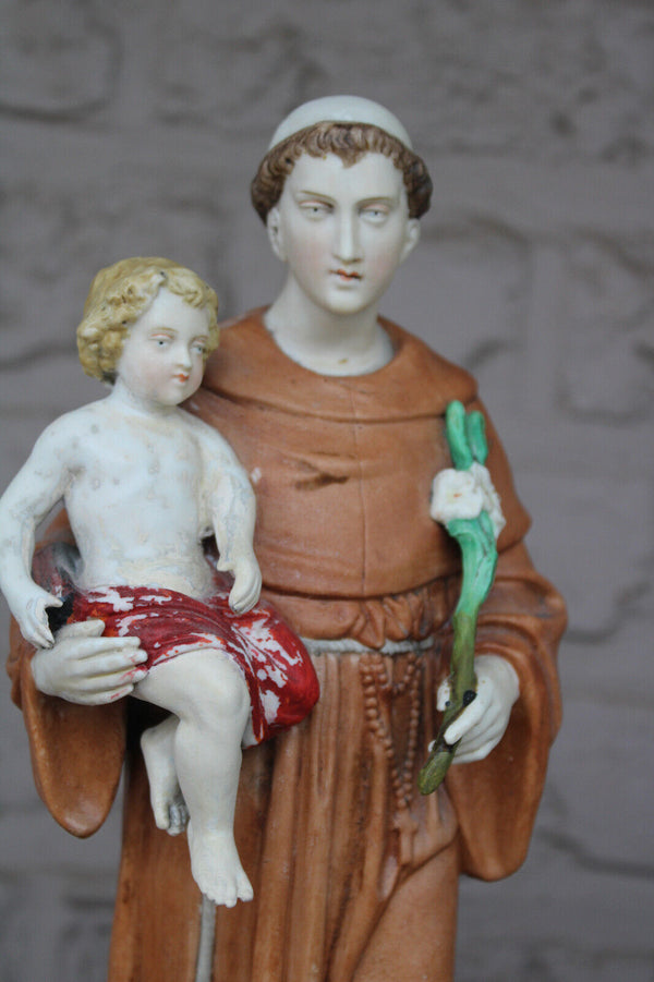 Antique french porclain bisque large statue saint anthony religious