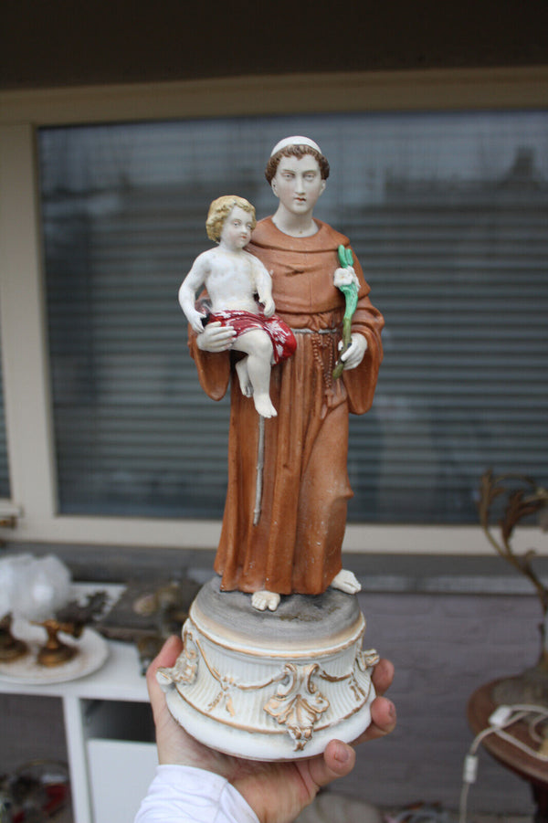 Antique french porclain bisque large statue saint anthony religious