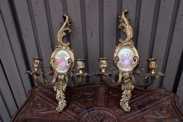 PAIR bronze Limoges porcelain Medaillon wall lights sconces victorian scene