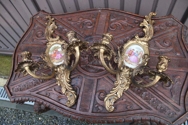 PAIR bronze Limoges porcelain Medaillon wall lights sconces victorian scene