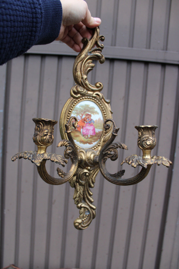 PAIR bronze Limoges porcelain Medaillon wall lights sconces victorian scene