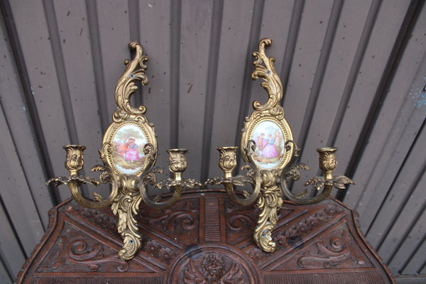 PAIR bronze Limoges porcelain Medaillon wall lights sconces victorian scene