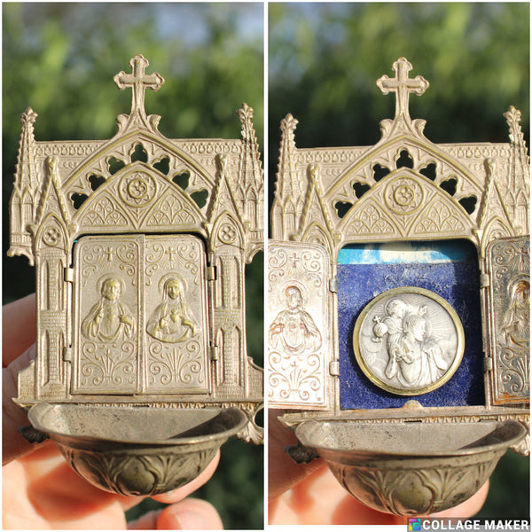 Antique French miniature metal neo gothic chuch holy water font joseph mary