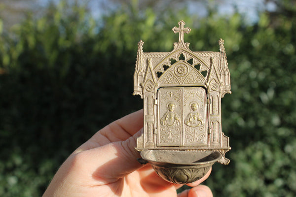 Antique French miniature metal neo gothic chuch holy water font joseph mary