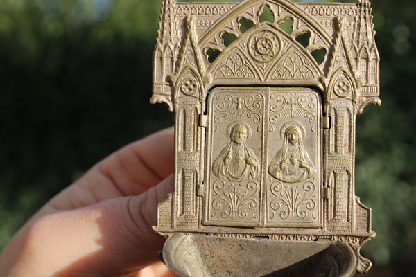 Antique French miniature metal neo gothic chuch holy water font joseph mary