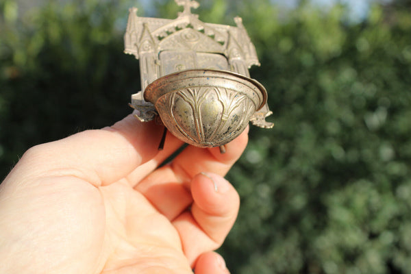 Antique French miniature metal neo gothic chuch holy water font joseph mary