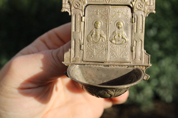 Antique French miniature metal neo gothic chuch holy water font joseph mary