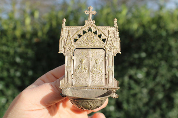 Antique French miniature metal neo gothic chuch holy water font joseph mary