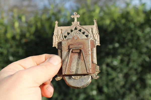 Antique French miniature metal neo gothic chuch holy water font joseph mary