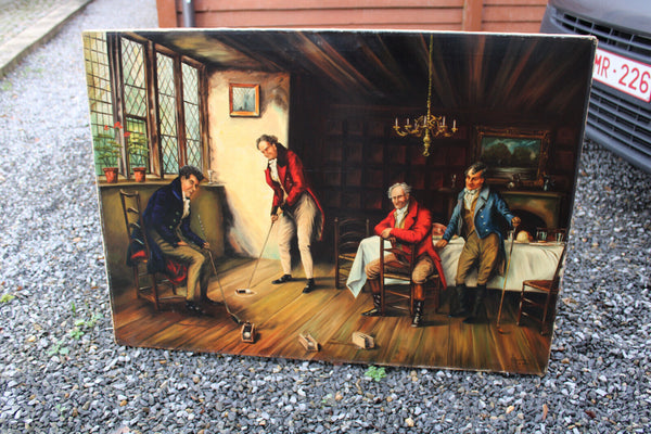 Flemish School 1954 signed oil canvas painting indoor interior golf noble men