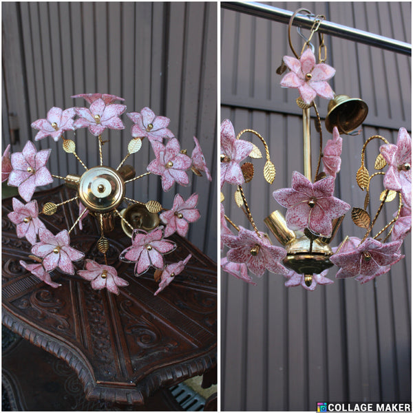 Vintage  italian Murano glass flower pink brass chandelier lamp 1970s