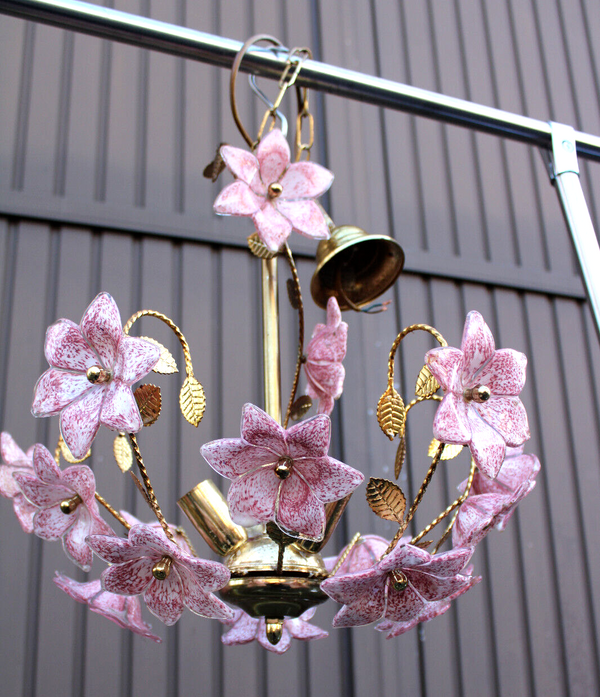 Vintage  italian Murano glass flower pink brass chandelier lamp 1970s