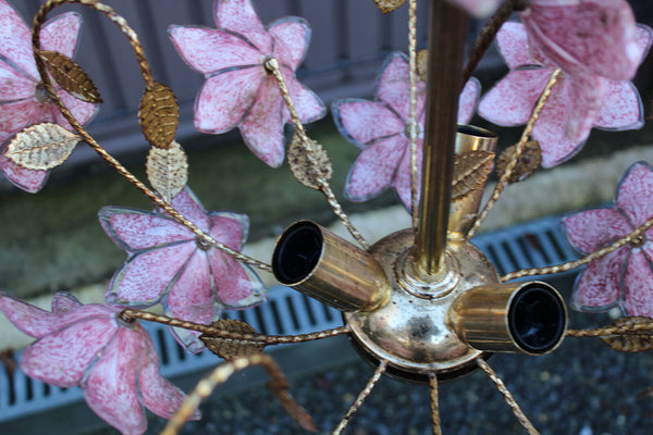 Vintage  italian Murano glass flower pink brass chandelier lamp 1970s