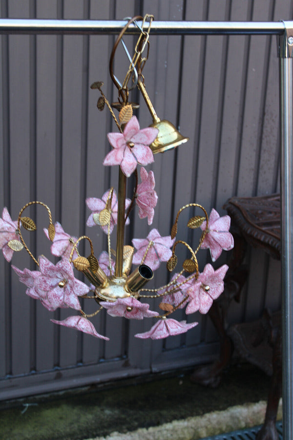 Vintage  italian Murano glass flower pink brass chandelier lamp 1970s