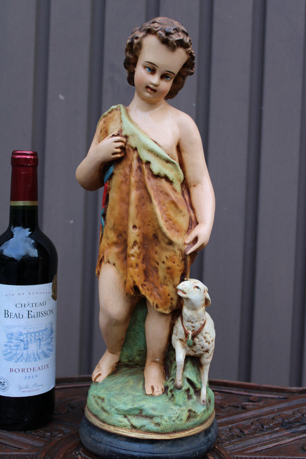 Antique french ceramic young SAINT JOHN BAPTIST lamb statue figurine religious