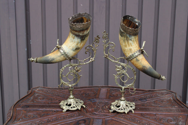 PAIR antique Large cornucopia horn brass statue with birds