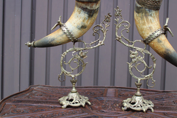 PAIR antique Large cornucopia horn brass statue with birds