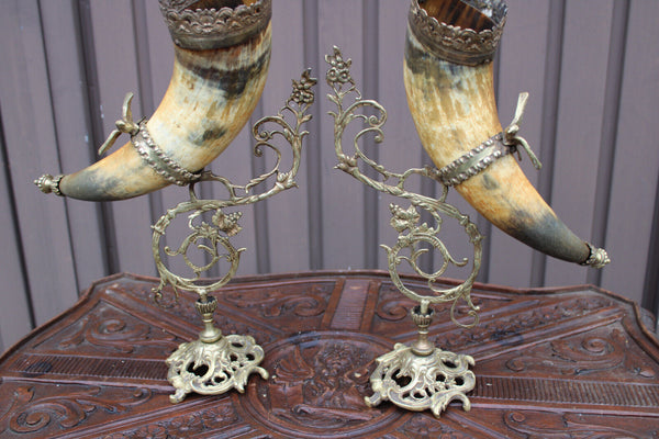 PAIR antique Large cornucopia horn brass statue with birds