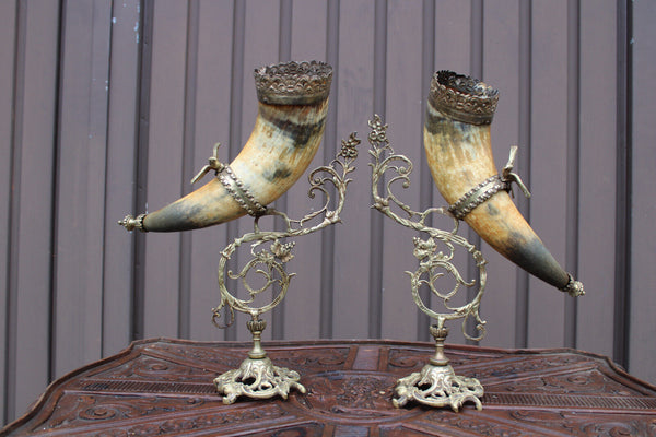 PAIR antique Large cornucopia horn brass statue with birds