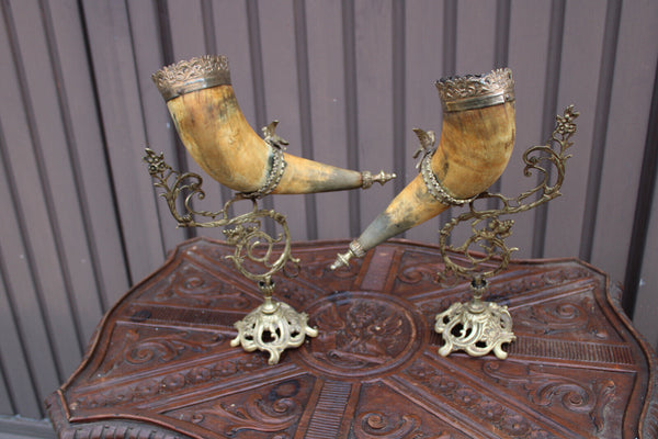 PAIR antique Large cornucopia horn brass statue with birds