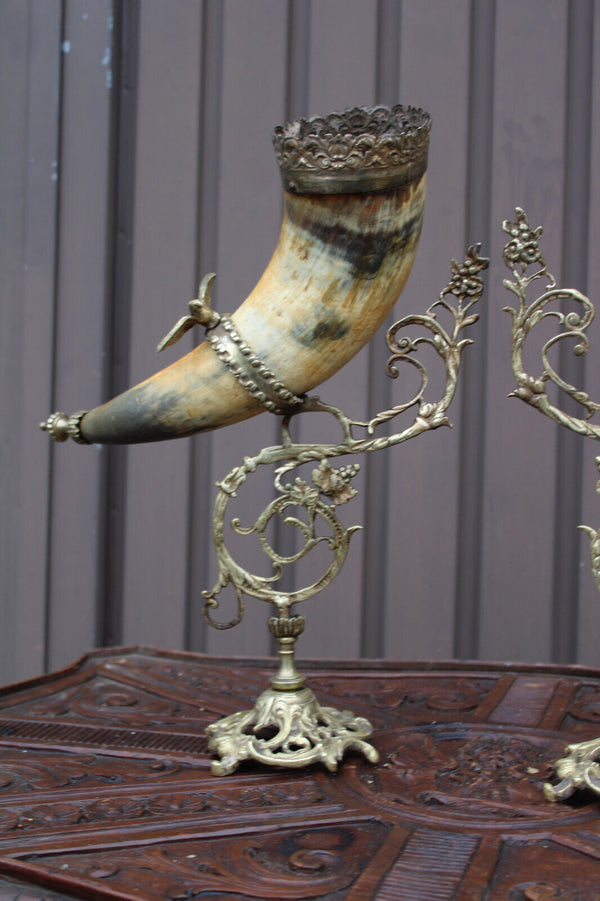 PAIR antique Large cornucopia horn brass statue with birds