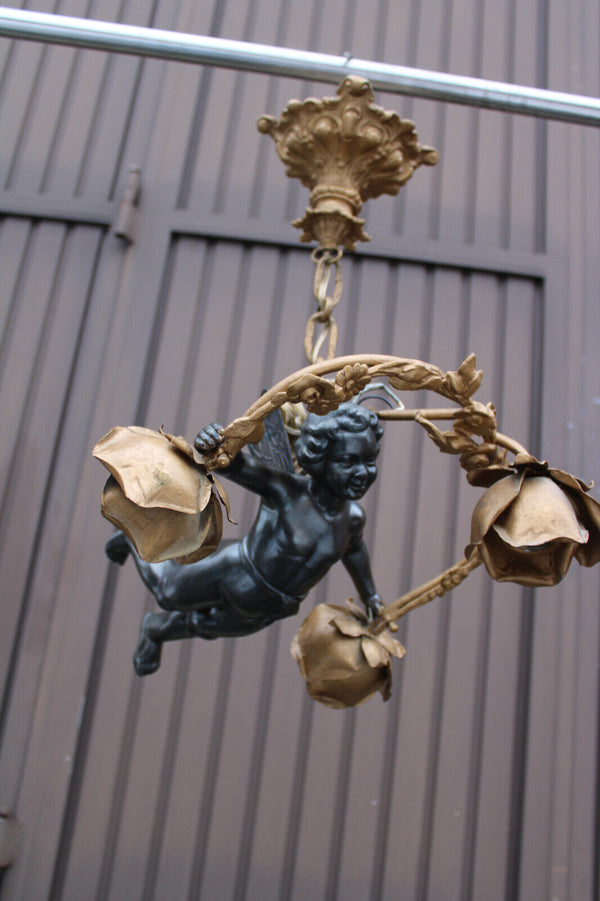 Antique bronze putti angel cherub chandelier lamp rare