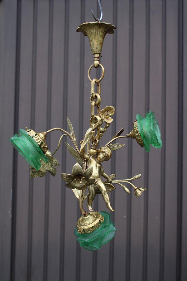 Antique bronze cherub putti figurine chandelier lamp green glass tulip rare