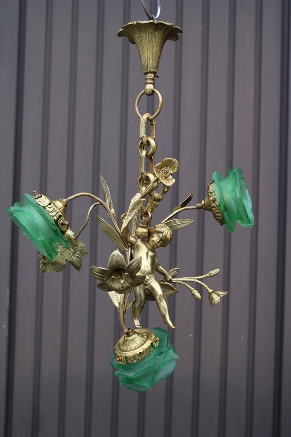 Antique bronze cherub putti figurine chandelier lamp green glass tulip rare