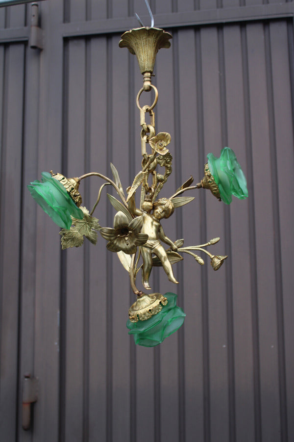 Antique bronze cherub putti figurine chandelier lamp green glass tulip rare