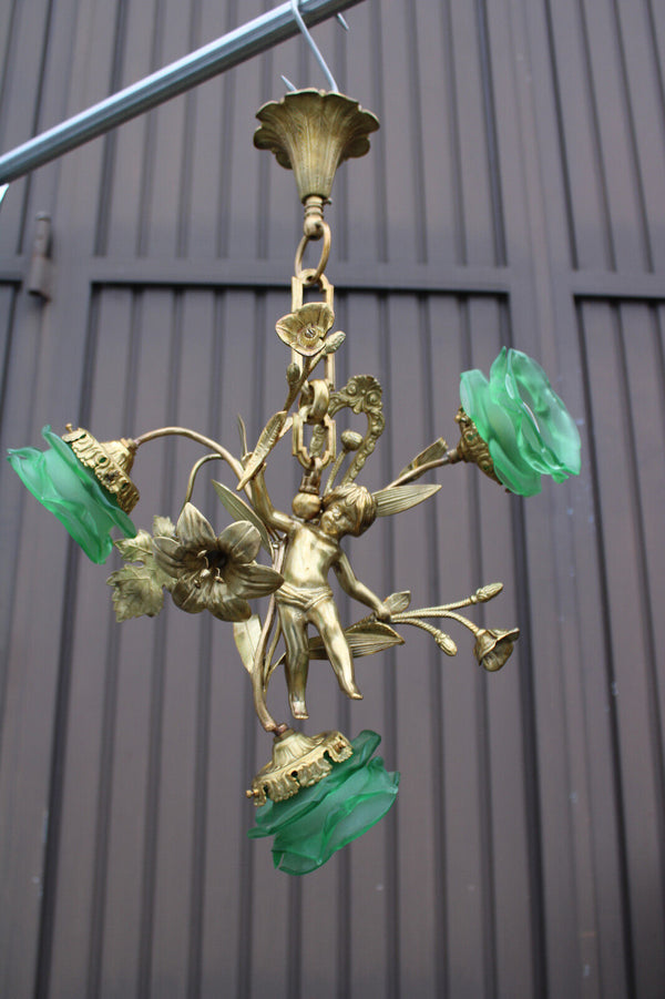 Antique bronze cherub putti figurine chandelier lamp green glass tulip rare