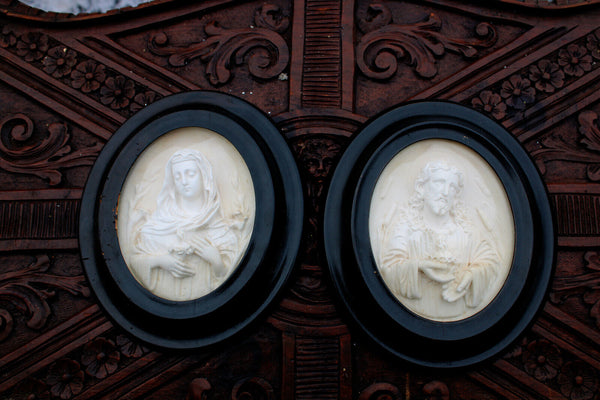 PAIR antique religious meerschaum portrait sacred heart jesus mary napoleon III