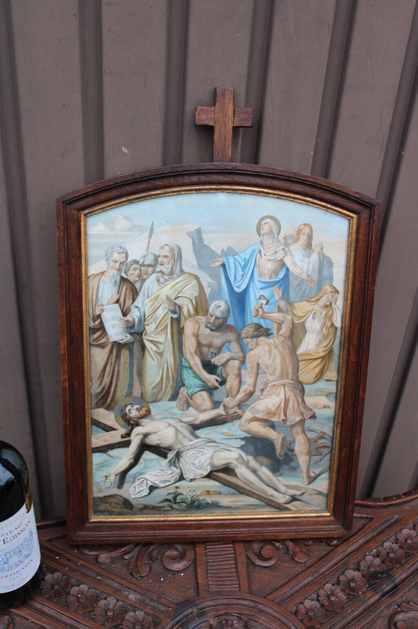 Antique French wood carved panel crucifx PARIS itho Biblical religious jesus