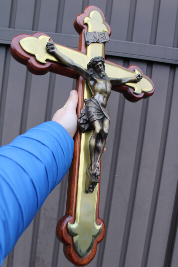 Antique heavy bronze wood wall crucifix french rare fleur de lys