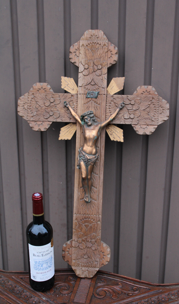 Antique French XL 29" Wood carved wall crucifix christ religious