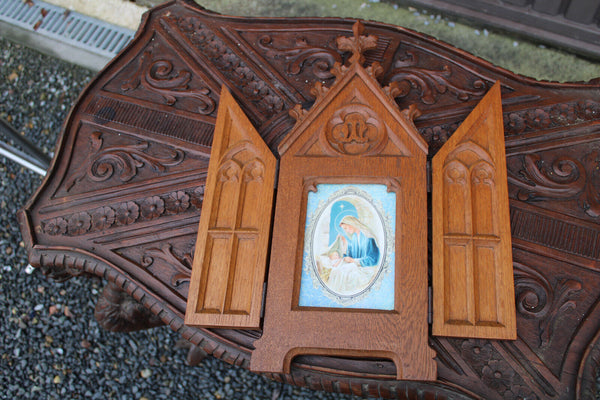 Antique French neo gothic triptych wood carved madonna portrait religious