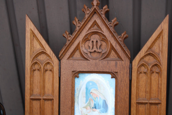 Antique French neo gothic triptych wood carved madonna portrait religious