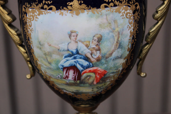 Vintage pair acf sevres marked porcelain Cobalt victorian scene vases statues