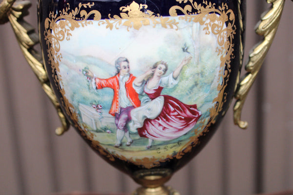 Vintage pair acf sevres marked porcelain Cobalt victorian scene vases statues