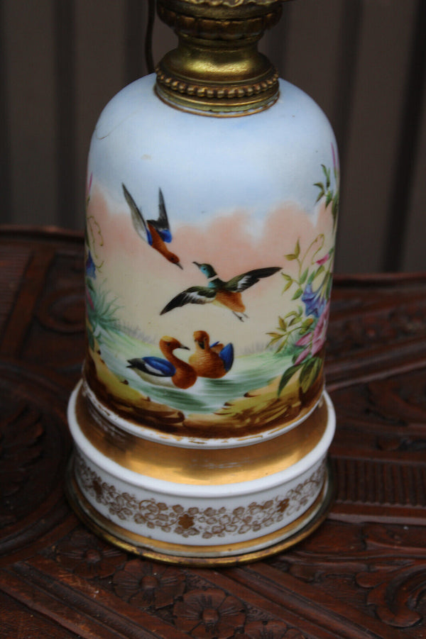 pair antique french 19thc faience hand paint birds Floral decor lamps rare