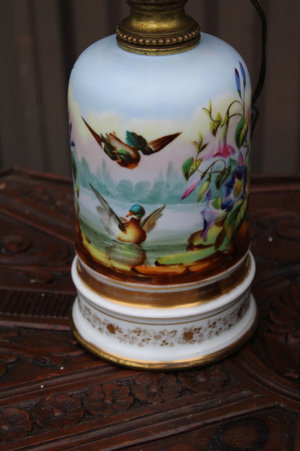 pair antique french 19thc faience hand paint birds Floral decor lamps rare