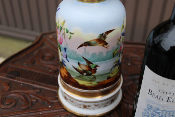 pair antique french 19thc faience hand paint birds Floral decor lamps rare