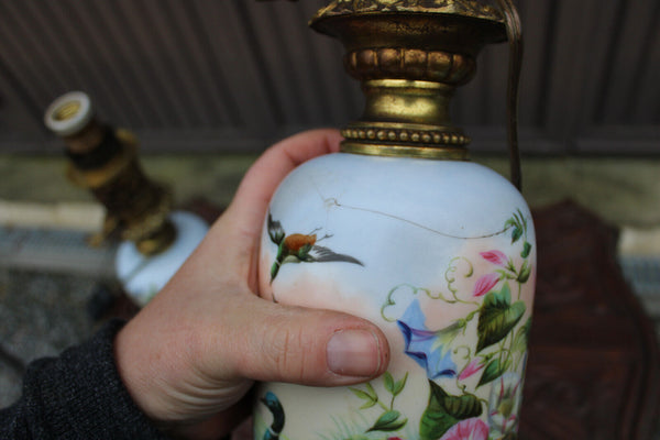 pair antique french 19thc faience hand paint birds Floral decor lamps rare