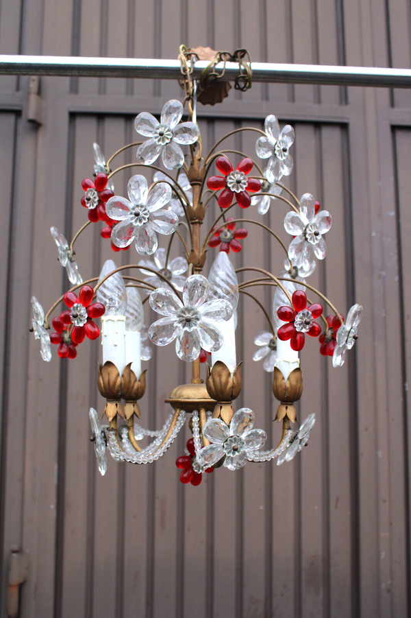 Mid century Italian banci Daisy flowers glass red clear Chandelier lamp 1970