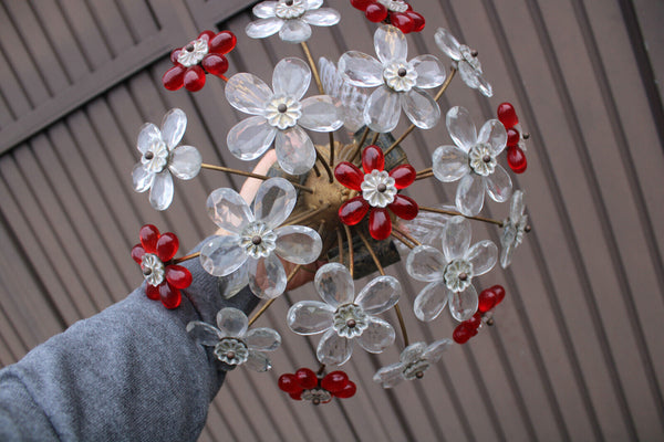 Mid century Italian banci Daisy flowers glass red clear flush mount lamp