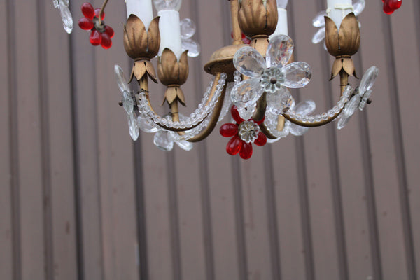 Mid century Italian banci Daisy flowers glass red clear Chandelier lamp 1970