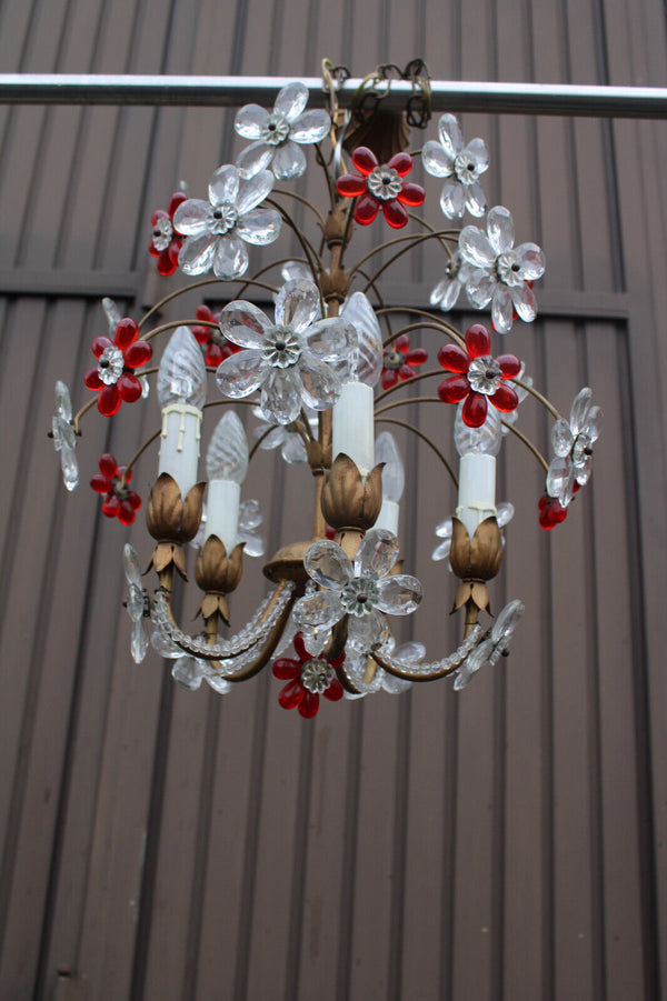 Mid century Italian banci Daisy flowers glass red clear Chandelier lamp 1970