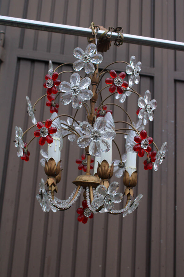 Mid century Italian banci Daisy flowers glass red clear Chandelier lamp 1970