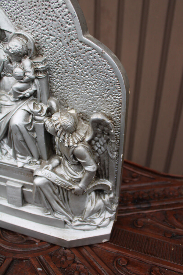 Antique ceramic chalk large statue religious regina cordium monfort mary angels